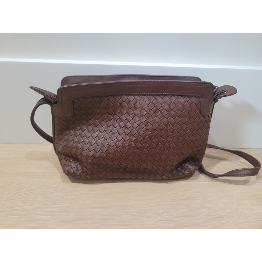 Vintage Ganson Leather Woven Brown.Crossbody Bag Top Zipper With 2 Pockets - Picture 3 of 15